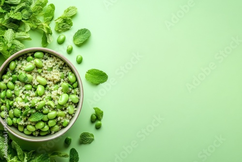 Bowl of Quinoa and Edamame Salad with Mint Garnish on Green Background