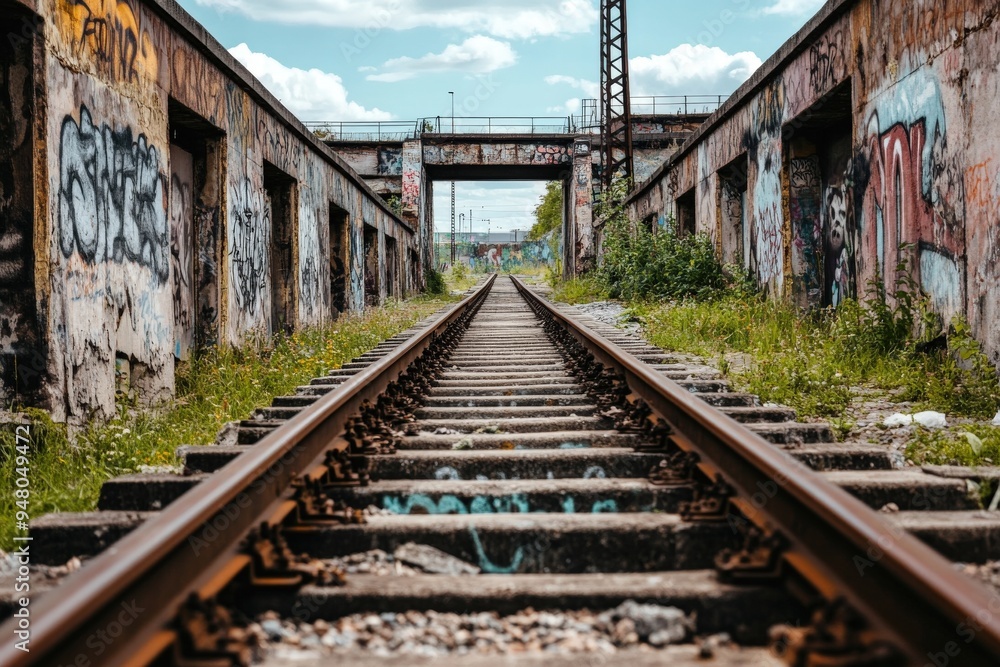 A set of urban railway tracks, extensively covered in graffiti, stretches into the distance, symbolizing endless journeys, urban art culture, and the passage of time. A set of urban railway tracks, extensively covered in graffiti, stretches into the distance, symbolizing endless journeys, urban art culture, and the passage of time.