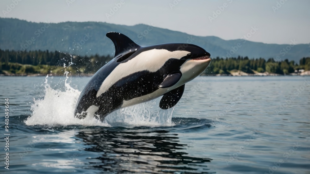 Fototapeta premium Leaping orca with water splash, transparent background