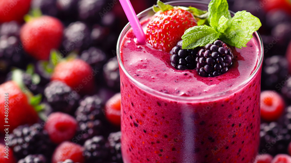 Refreshing Summer Berry Smoothie with Fresh Strawberries and Blackberries Garnished with Mint – Healthy Drink Concept. Refreshing Summer Berry Smoothie with Fresh Strawberries and Blackberries Garnished with Mint – Healthy Drink Concept.