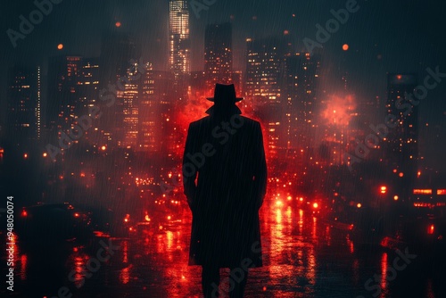A shadowy detective figure, and a city skyline at night, focusing on intrigue and suspense. Generative AI