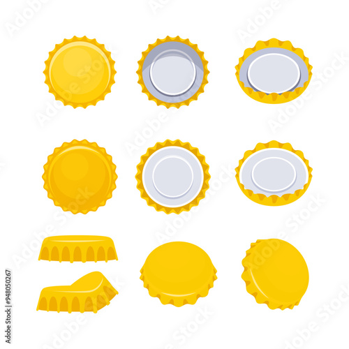 Nine yellow bottle caps lying in different positions, isolated on white background