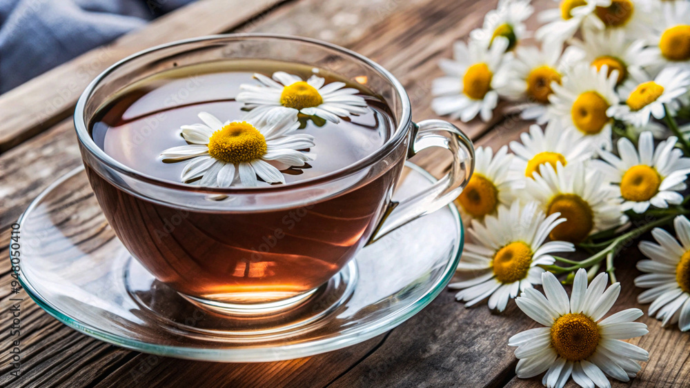 Delicate chamomile tea served in a glass cup with fresh daisies on a rustic wooden table Delicate chamomile tea served in a glass cup with fresh daisies on a rustic wooden table