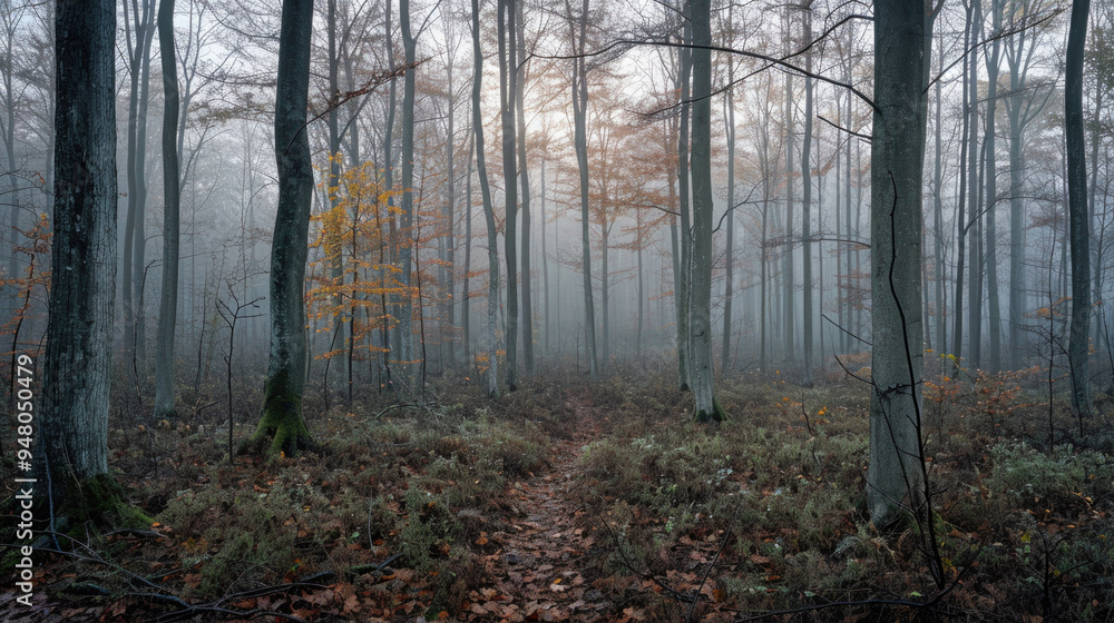 The sun shines beautifully through the trees in the foggy forest The sun shines beautifully through the trees in the foggy forest