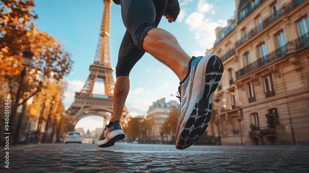 Harnessing the power of motion: A dynamic close-up of a determined male athlete sprinting through the streets of paris, capturing the energy and endurance of urban fitness against the Iconic backdrop Harnessing the power of motion: A dynamic close-up of a determined male athlete sprinting through the streets of paris, capturing the energy and endurance of urban fitness against the Iconic backdrop