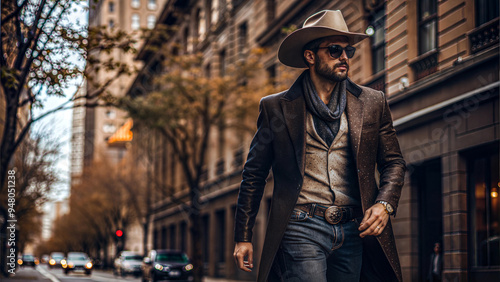 Stylish man walks confidently through city streets in autumn with a cowboy hat and sunglasses