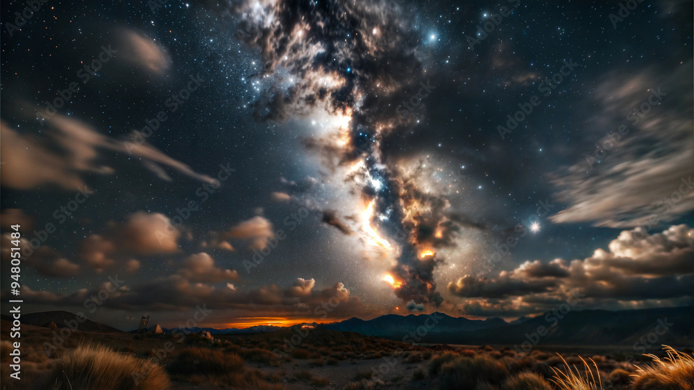 Fototapeta premium Stunning view of the Milky Way galaxy over a desert landscape at night with clouds