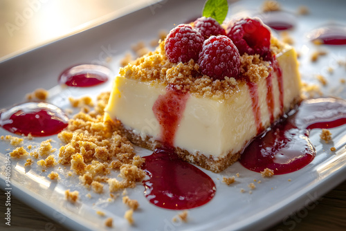 A dessert with a sauce and crumbs on served on a long plate with a raspberry sauce. photo