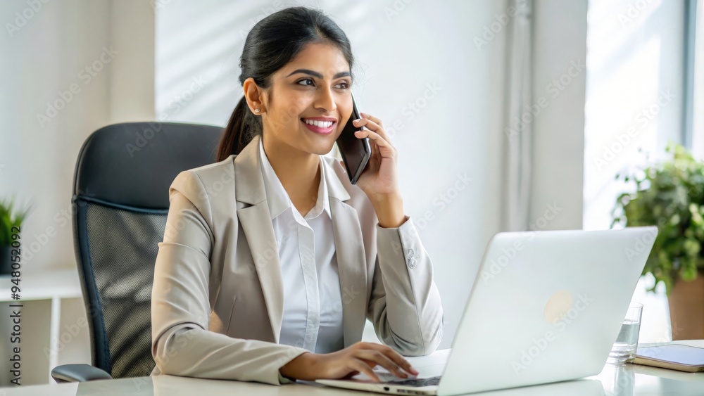 Indian Office Associate Talking on Phone - Indian female associate in formal attire speaking on the phone, seated at a desk.
Indian Office Associate Talking on Phone - Indian female associate in formal attire speaking on the phone, seated at a desk.
