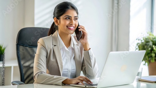 Indian Office Associate Talking on Phone - Indian female associate in formal attire speaking on the phone, seated at a desk.
 photo