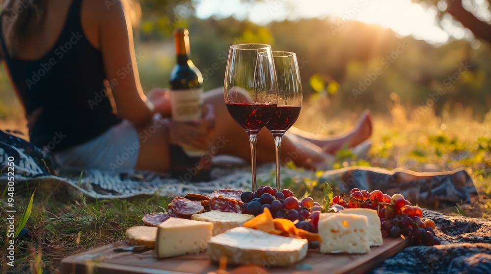 Couple having a romantic picnic with wine and cheese plate Couple having a romantic picnic with wine and cheese plate