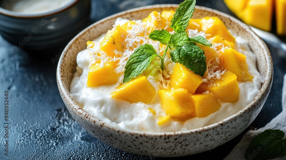 A serving of bingsu with mango and coconut milk, topped with fresh mint leaves. A serving of bingsu with mango and coconut milk, topped with fresh mint leaves.