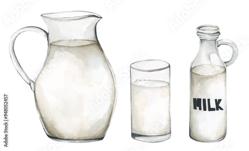 Set of milk. Watercolor illustration for decoration.