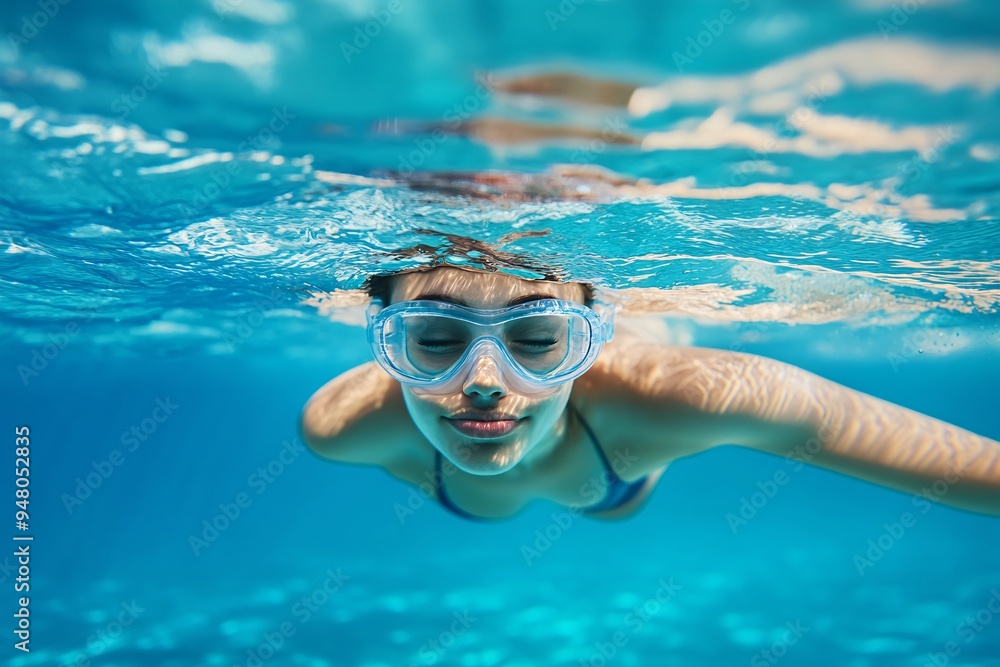 Fototapeta premium Happy young woman swimming underwater in the sea at the day time. Healthy lifestyle concept 