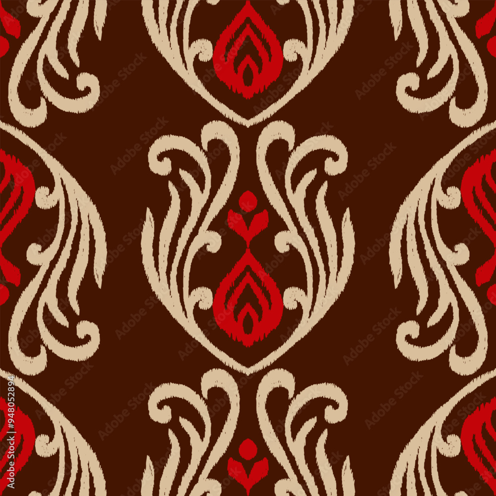 A rich and warm damask ikat pattern featuring earthy tones of brown and beige, accented with bold red highlights. This intricate design is ideal for creating luxurious textiles, upholstery A rich and warm damask ikat pattern featuring earthy tones of brown and beige, accented with bold red highlights. This intricate design is ideal for creating luxurious textiles, upholstery