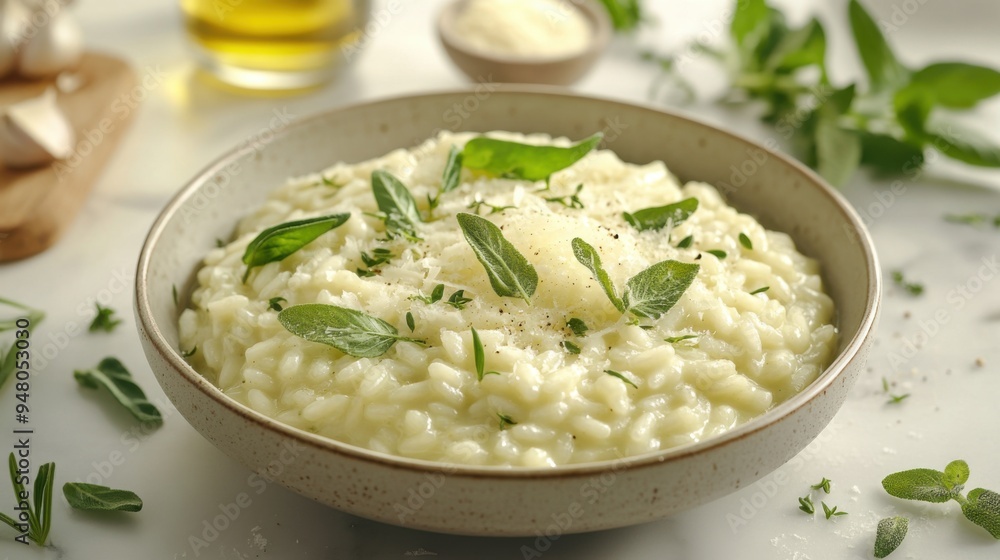 Creamy Risotto Recipe Handcrafted Bowl with Fresh Herbs and Parmesan Cheese, Comforting Artisanal Cuisine Creamy Risotto Recipe Handcrafted Bowl with Fresh Herbs and Parmesan Cheese, Comforting Artisanal Cuisine