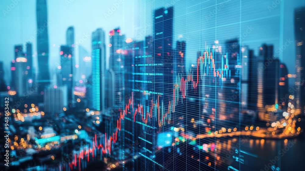 Fototapeta premium Financial success, augmented reality chart, symbolic prosperity, sleek modern cityscape