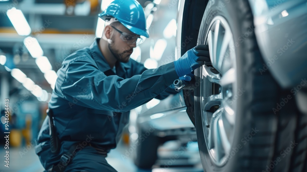 A vehicle inspector checks the undercarriage of a car with a flashlight. A vehicle inspector checks the undercarriage of a car with a flashlight.