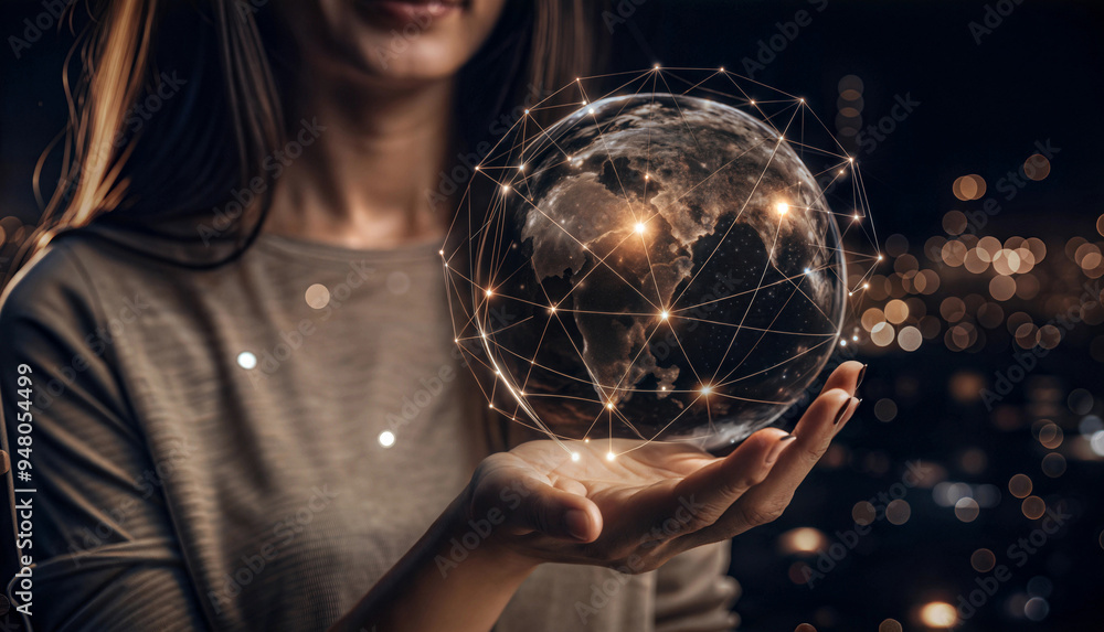 Naklejka premium A woman holds a glowing globe above her hand, surrounded by city lights at night