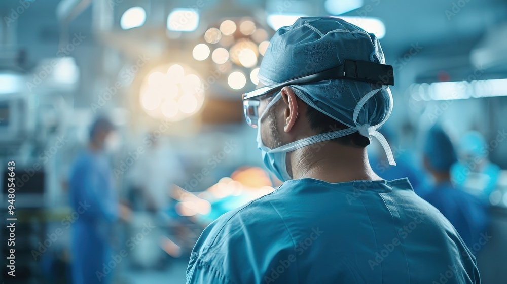 Silhouette of a surgeon against a brightly lit operating room during surgery. Silhouette of a surgeon against a brightly lit operating room during surgery.