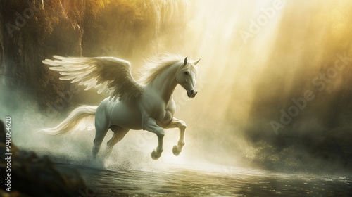 A white flying horse, bathed in the sunshine, seems like a beautiful legend in a dream scene. The bright and sacred white flying horse flies up, bringing hope