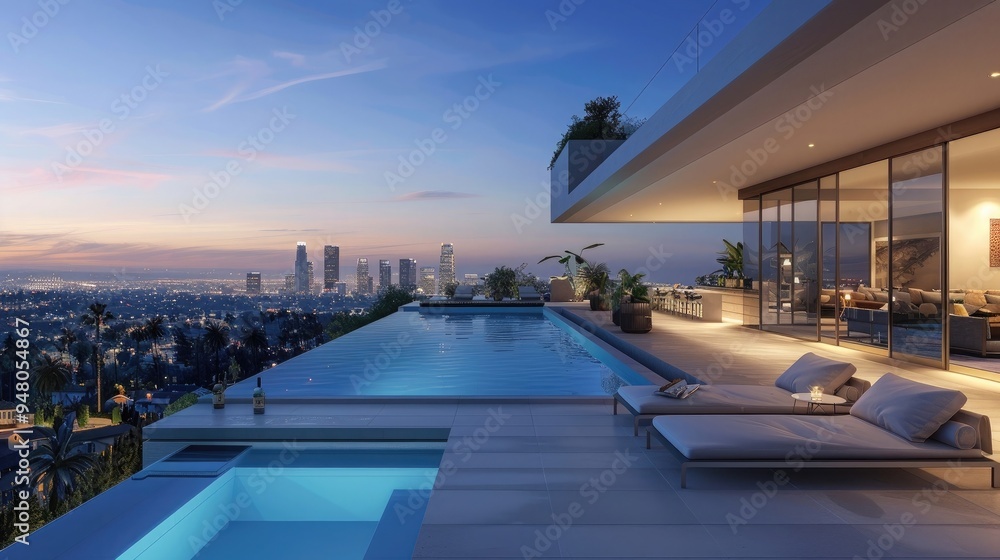 Fototapeta premium Luxury penthouse apartment terrace with pool overlooking los Angeles skyline, generative AI