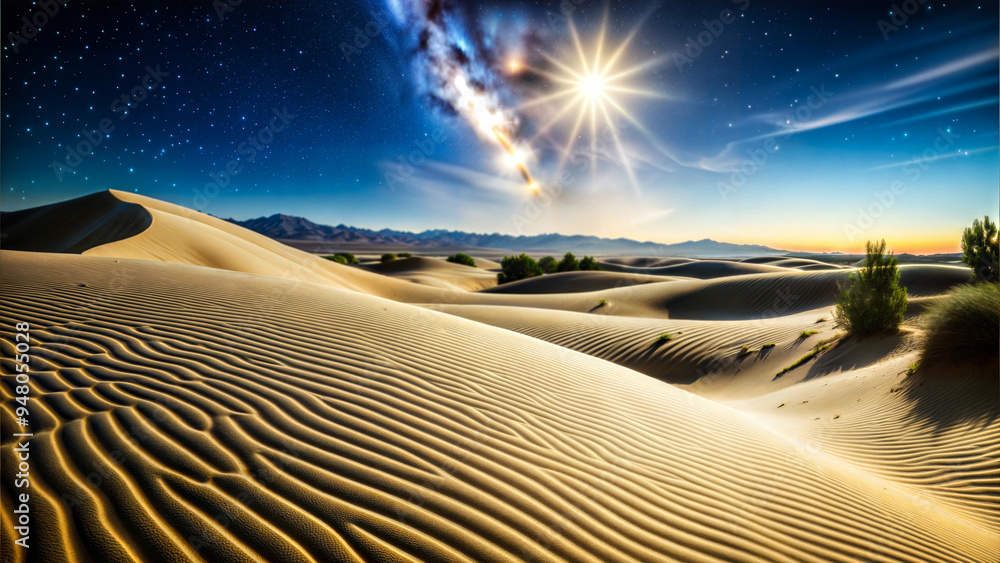 Naklejka premium Beautiful desert landscape at dusk with smooth sand dunes and a starry sky