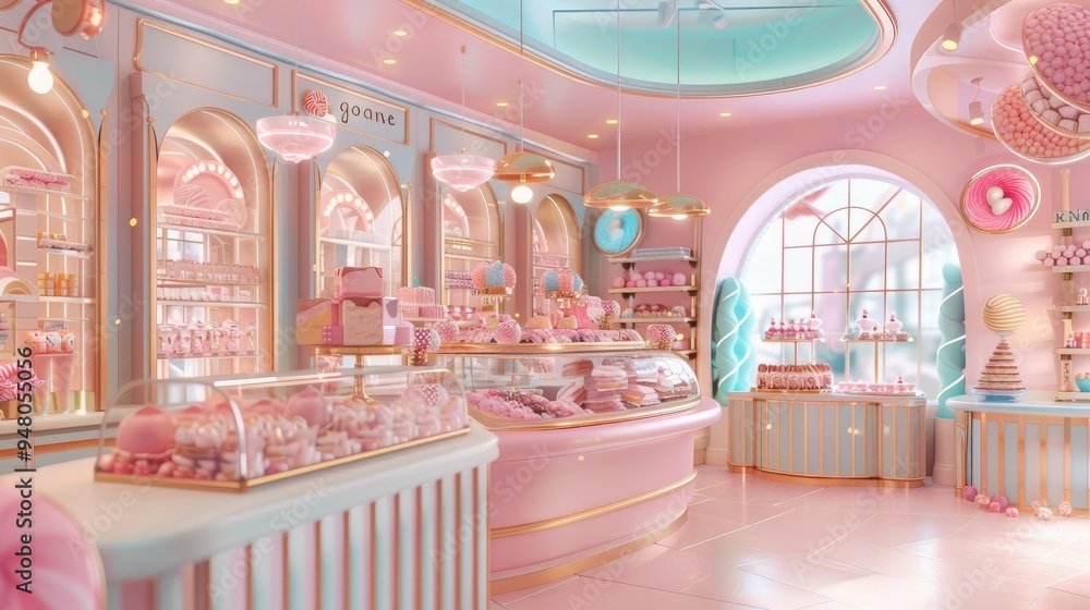 Luxury premium candy shop interior in pastel colors with lots of sweet treats, generative AI