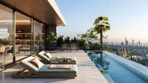 Luxury penthouse apartment terrace with pool overlooking los Angeles skyline, generative AI