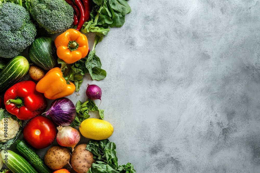 Fresh Vegetables Arranged on a Grey Surface with Copy Space Fresh Vegetables Arranged on a Grey Surface with Copy Space