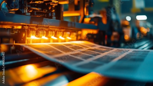 A vintage printing press in action, with sheets of paper being fed through rollers and freshly printed newspapers emerging photo