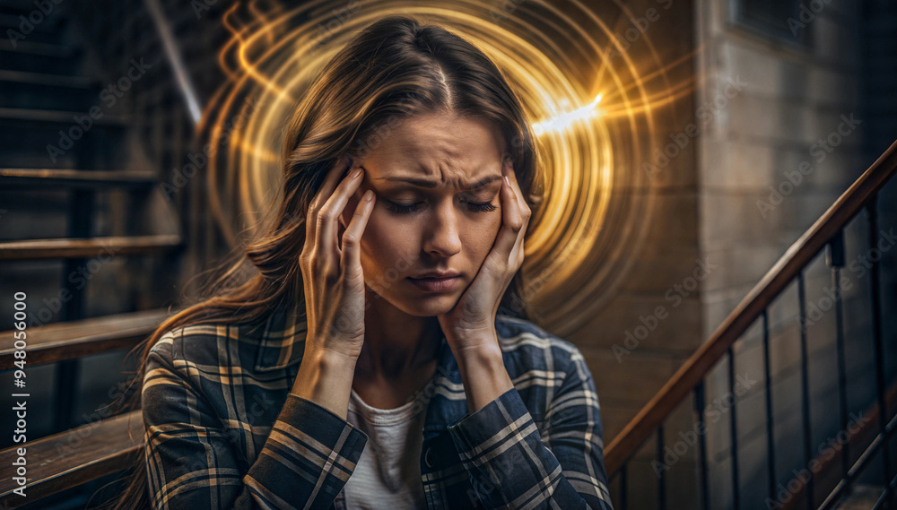 A young woman sits on stairs with her hands on her temples, visibly distressed A young woman sits on stairs with her hands on her temples, visibly distressed