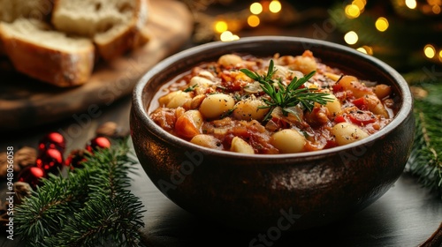 Warm Cozy Winter Stew Hand-Thrown Ceramic Bowl with Hearty Stew, Fresh Herbs, Artisanal Bread, Perfect Comfort Food Recipe