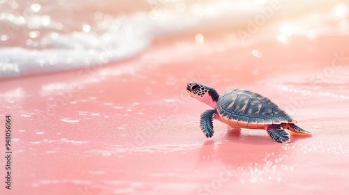 A small turtle walks on a pastel pink beach photo