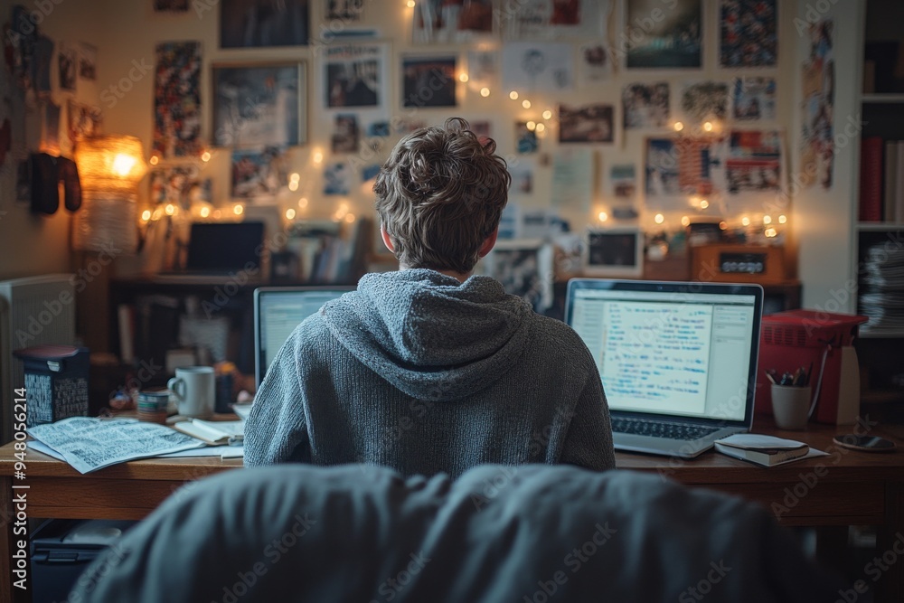 A student sitting at a desk in a dorm room. Generative AI A student sitting at a desk in a dorm room. Generative AI