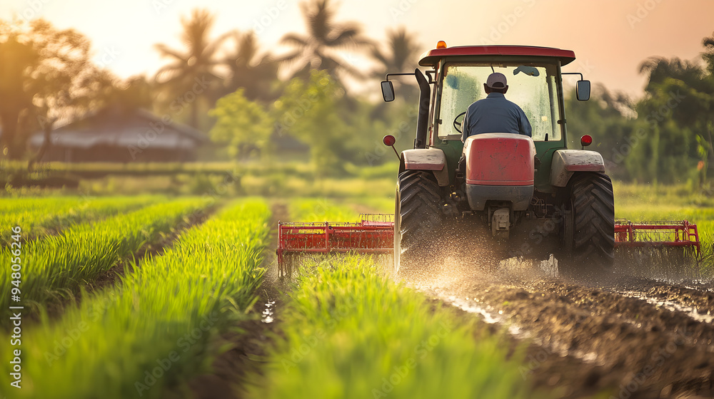 Obraz premium Tractor Plowing Green Field at Sunset in Countryside Landscape