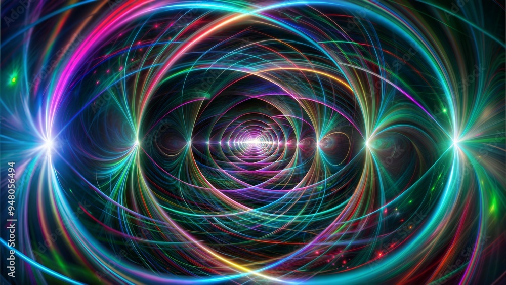 Colorful abstract design of time loops with swirling waves and glowing light in dark background Colorful abstract design of time loops with swirling waves and glowing light in dark background