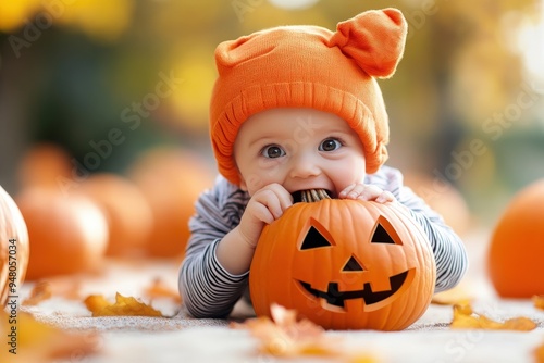 An adorable baby in a Halloween costume playfully bites a pumpkin while laying outdoors among autumn leaves, creating a charming and festive scene. photo