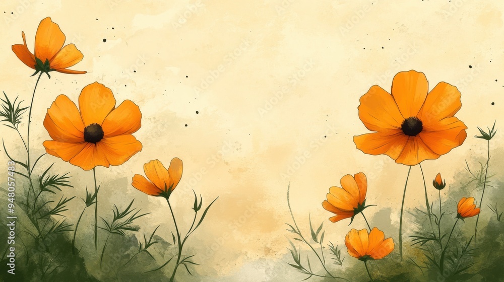 Cartoon wildflower with dust paint on a minimalist frame Cartoon wildflower with dust paint on a minimalist frame