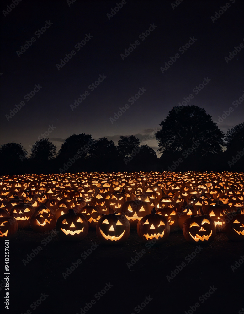 Obraz premium A vast field illuminated by glowing jack-o'-lanterns at dusk during Halloween festivities