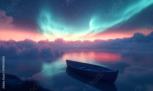 lonely boat in the sea with colorful clouds photo