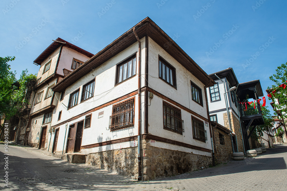 Fototapeta premium Historical Beypazarı district of Ankara. Magnificent historical buildings. Historical wooden and stone buildings from the Ottoman period in Beypazarı district. Beypazarı historical mansions.