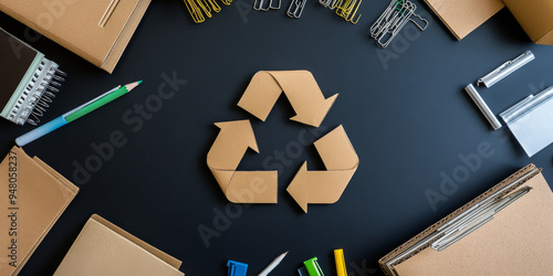Cardboard recycling symbol on a black desk surrounded by eco-friendly office supplies, promoting sustainability in the workplace.
