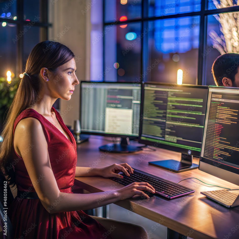 Women coders working late into the night. Nighttime software development by female engineers. Women coders working late into the night. Nighttime software development by female engineers.