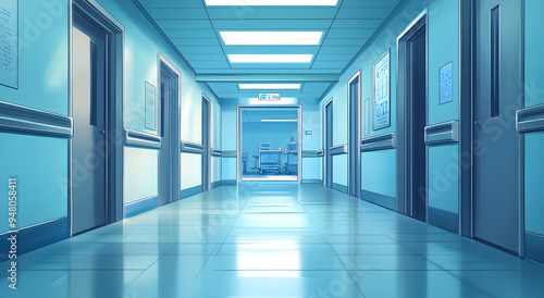 A Quiet and Empty Hospital Hallway with a Close-Up View, Featuring Clean Lines and Minimalist Design, Emphasizing a Calm and Serene Medical Environment 