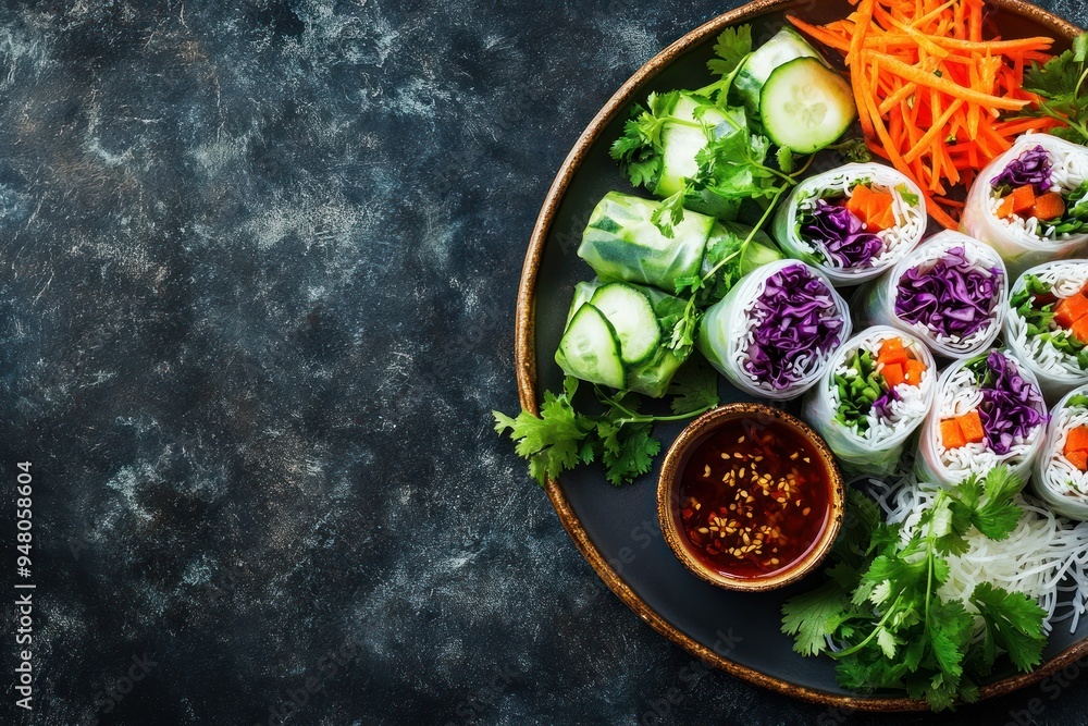 Fresh Vegetable Spring Rolls with Dipping Sauce on a Black Plate Fresh Vegetable Spring Rolls with Dipping Sauce on a Black Plate