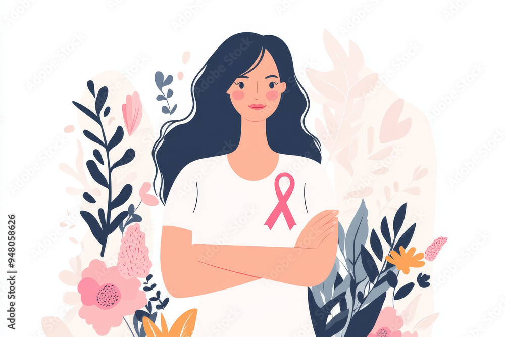 Illustration of a confident woman wearing a pink ribbon on her shirt, surrounded by floral designs, symbolizing strength and support during Breast Cancer Awareness Month.
Illustration of a confident woman wearing a pink ribbon on her shirt, surrounded by floral designs, symbolizing strength and support during Breast Cancer Awareness Month.