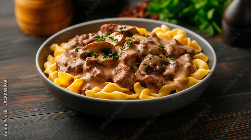 bowl of beef stroganoff with tender beef strips, mushrooms and creamy sauce over egg noodles bowl of beef stroganoff with tender beef strips, mushrooms and creamy sauce over egg noodles