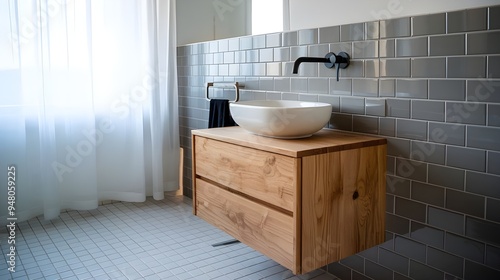 A modern Scandinavian bathroom with a wall-mounted vanity and a white ceramic vessel sink. The vanity is made of oakwood and has two drawers. The wall behind the vanity is covered with grey tiles. photo