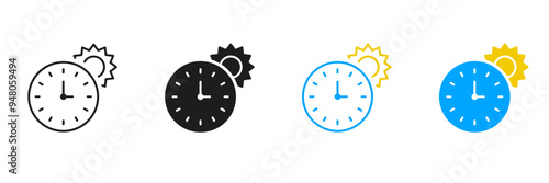 Clock and Sun Line and Silhouette Icon Set. Summer Time Icon. Alarm for Sunbathing. Sunrise and Sunset Hours Sign. Editable Stroke. Isolated Vector Illustration